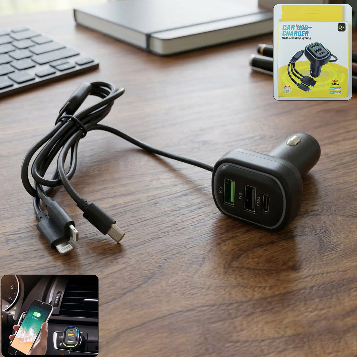 RGB breathing light multi port car USB charger with 62 cm cable Main image