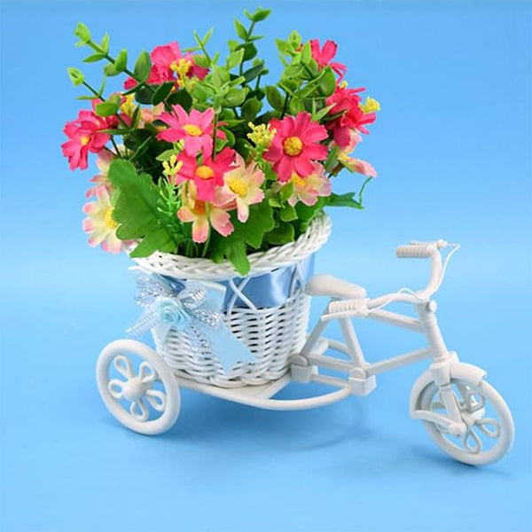Plastic bicycle flower pot stand showcasing small plants