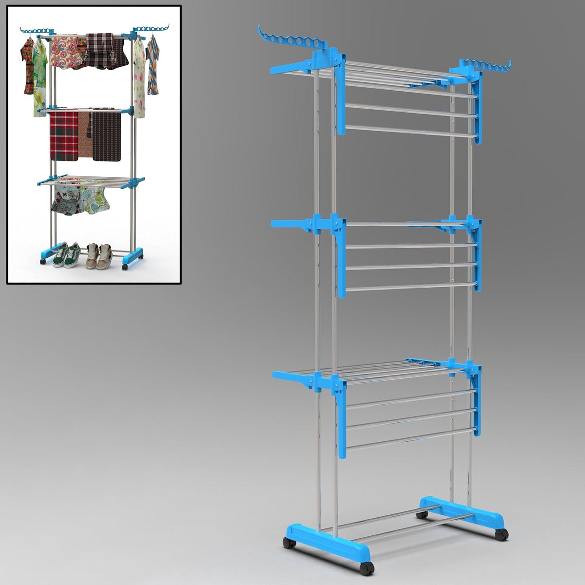 A sturdy stainless steel 3-layer cloth drying stand, fully extended and ready for use. Main image