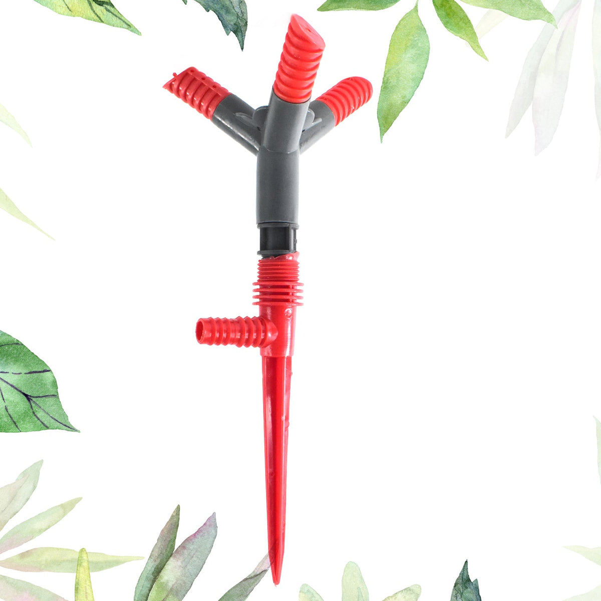 3 arm rotating garden sprinkler top view on lush green grass. Main image