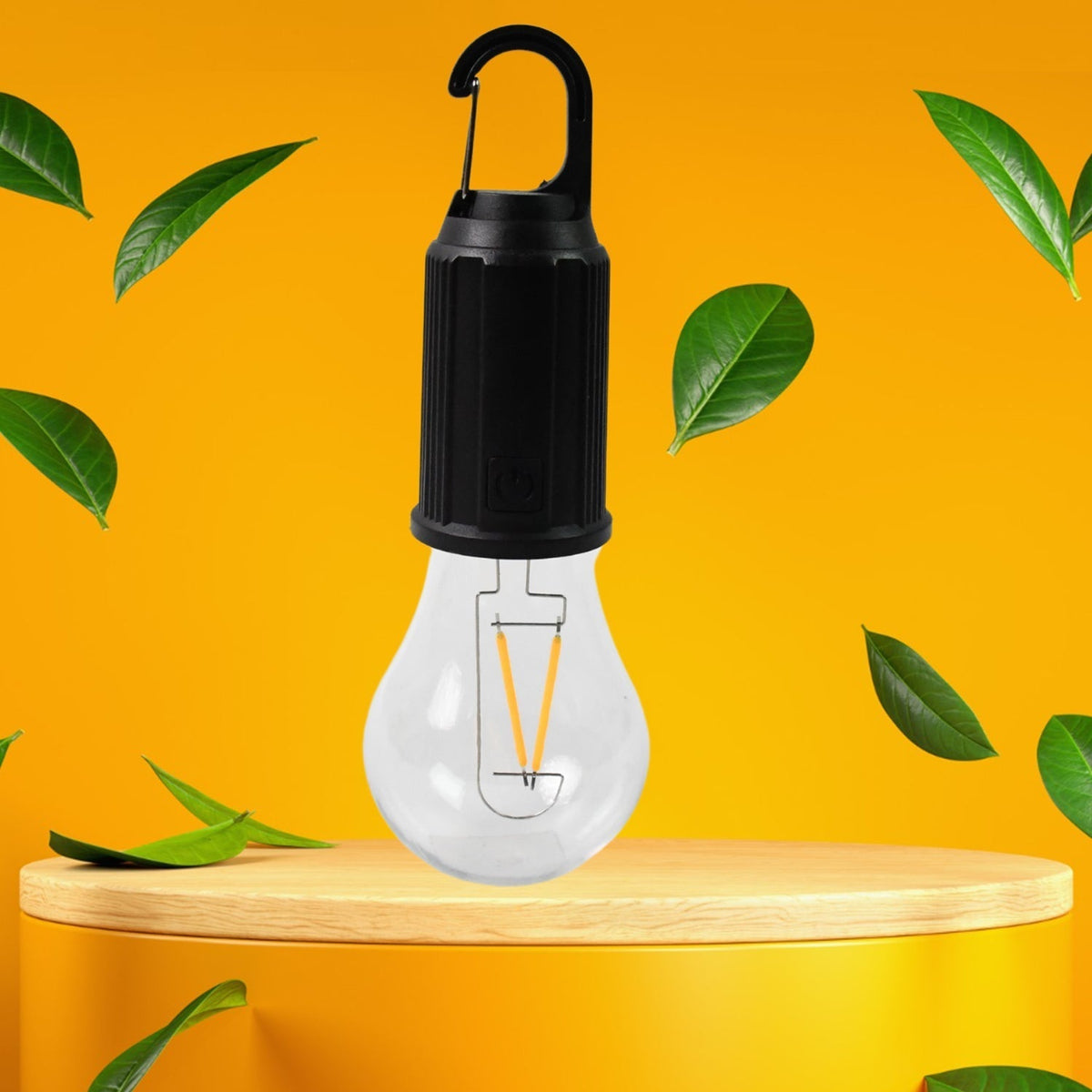 A black and clear portable LED tent light with an orange filament stands on a light wooden pedestal against a bright yellow Main image
