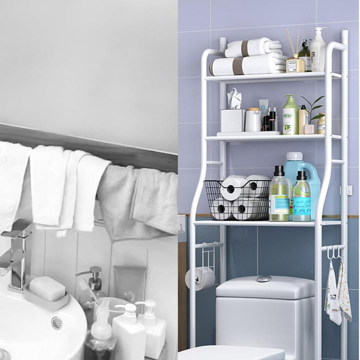 Multi-layer over toilet storage rack in a modern bathroom, showcasing its space-saving design. Main image
