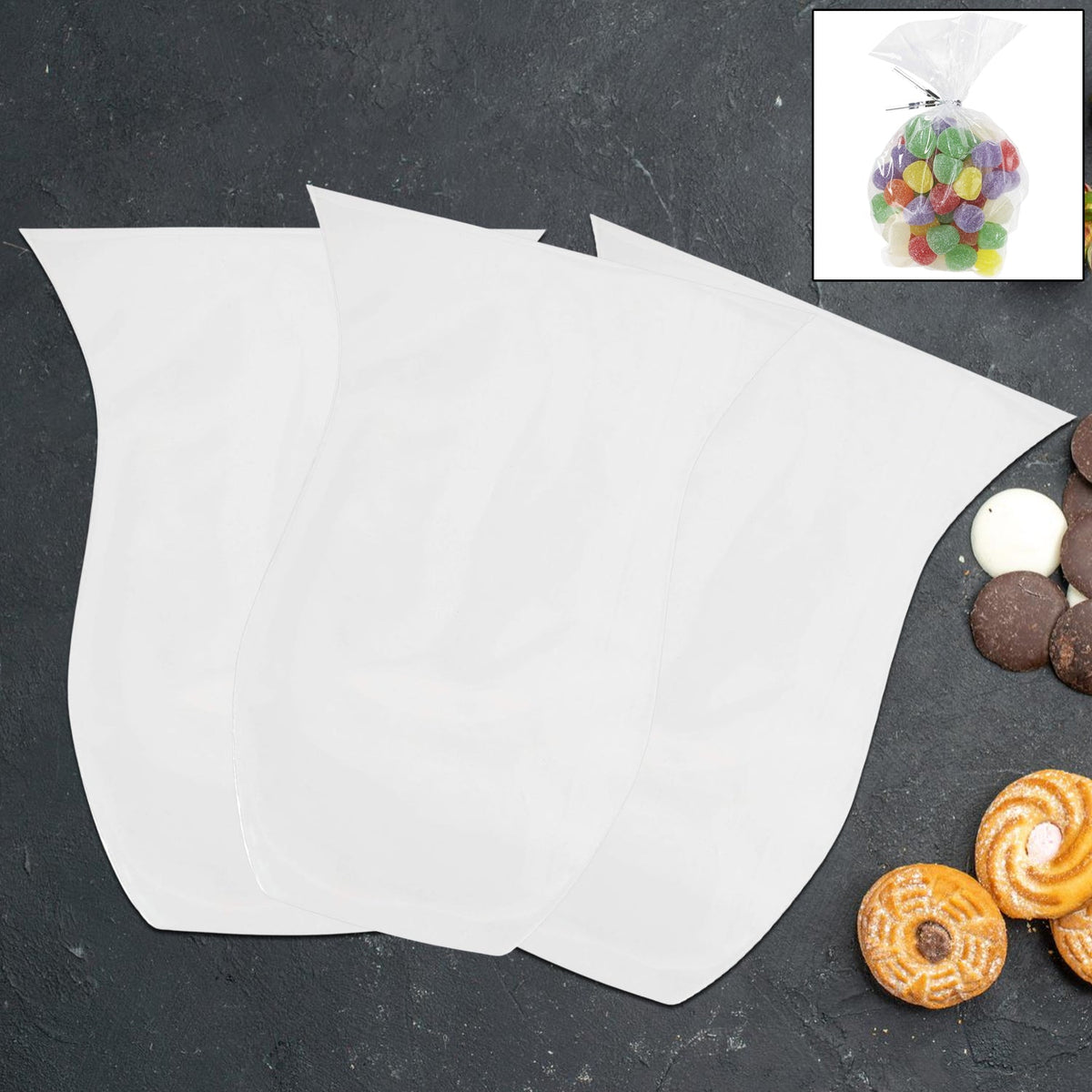 Clear cookie bag displaying fresh baked treats in transparent packaging Main image