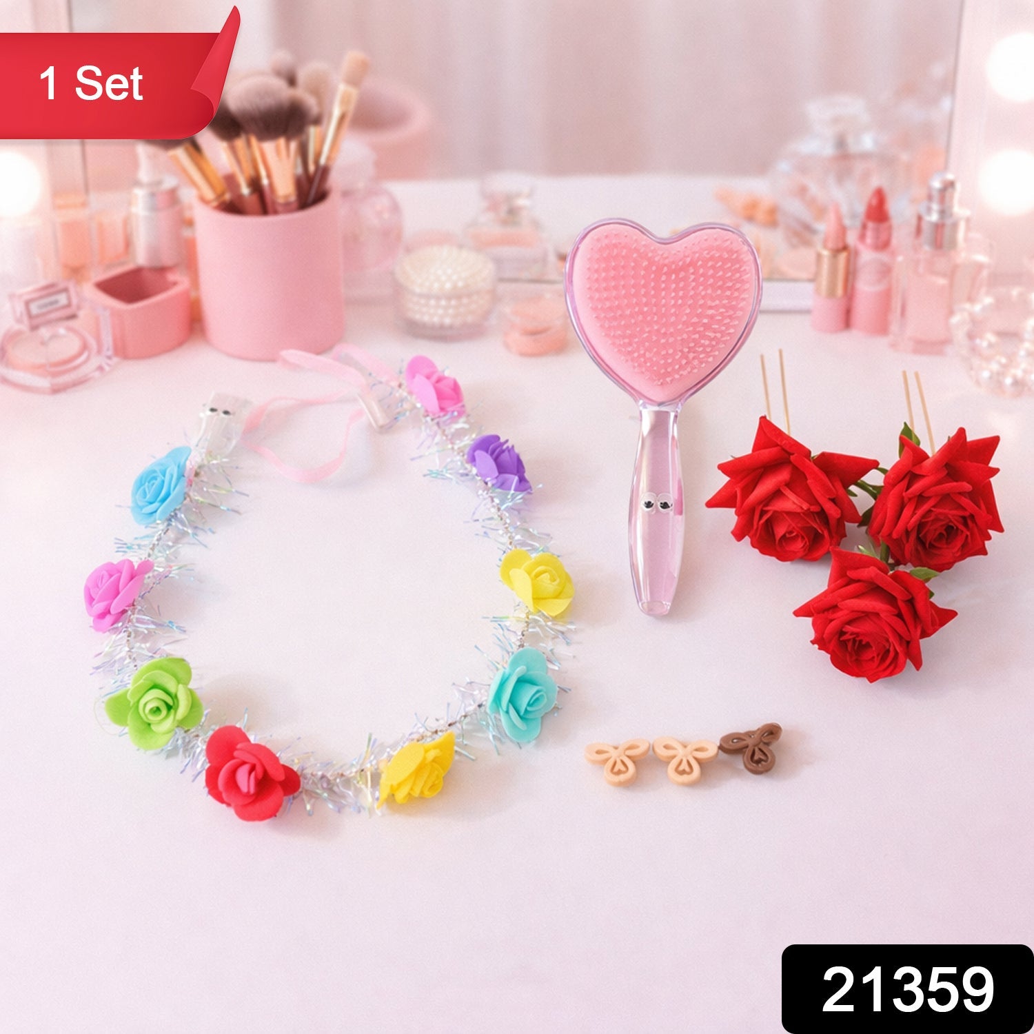 Beauty & Hair Styling Combo Set – Floral Accessories & Detangling Brush Secondary image