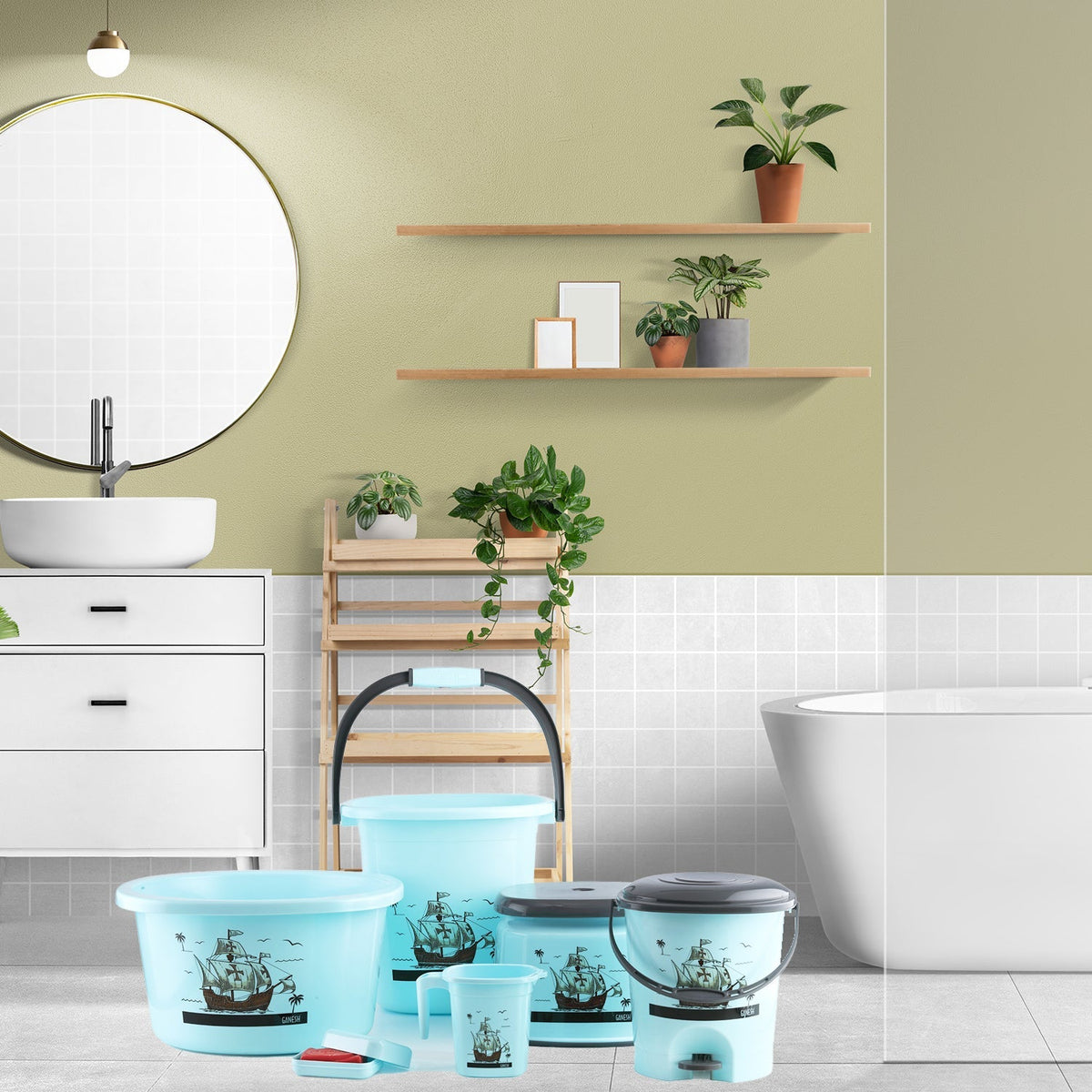 Plastic bathroom accessories set with bucket, mug, stool, and soap case in mixed colors Main image