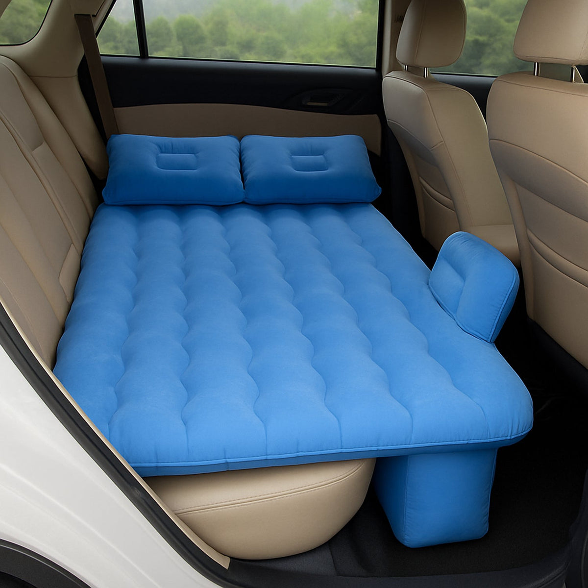 Inflatable car backseat air mattress bed showing full layout with pump and pillows Main image