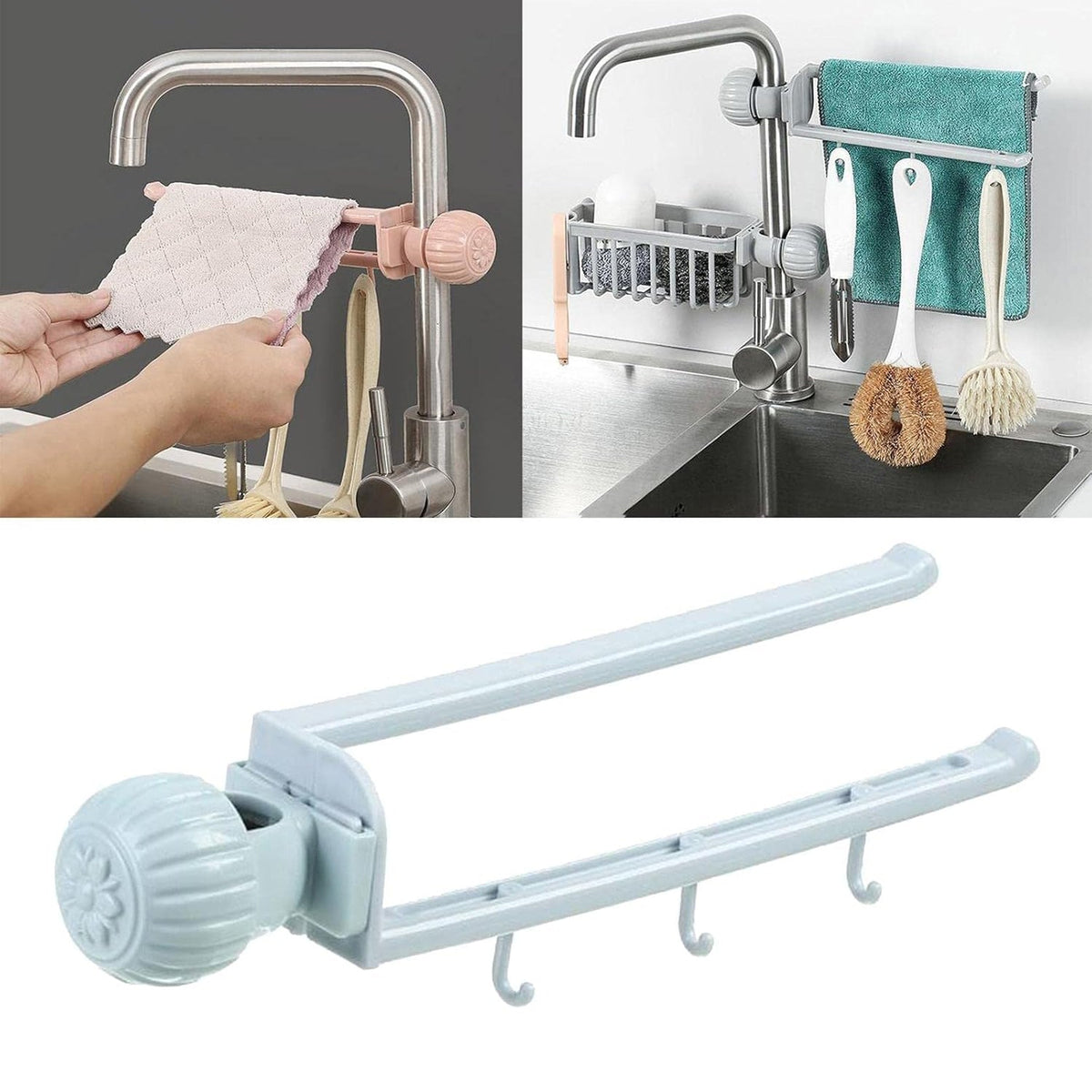 Sink faucet towel holder hanging on kitchen tap with cleaning tools Main image