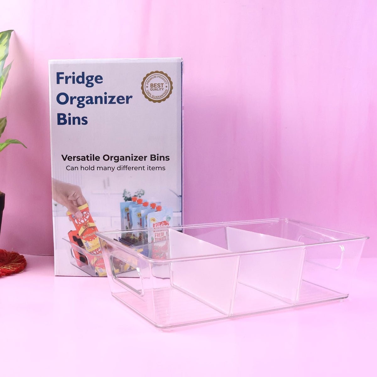 Clear plastic refrigerator organizer bin with an easy-grip handle, perfect for fridge storage. Main image