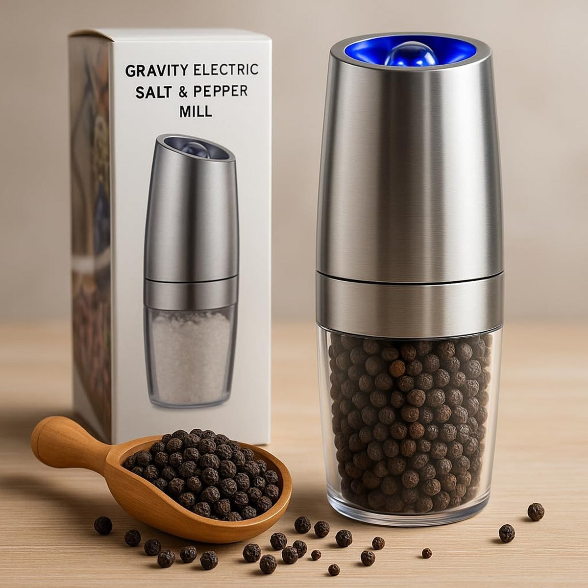Automatic gravity salt and pepper grinder with stainless steel body and clear spice container Main image