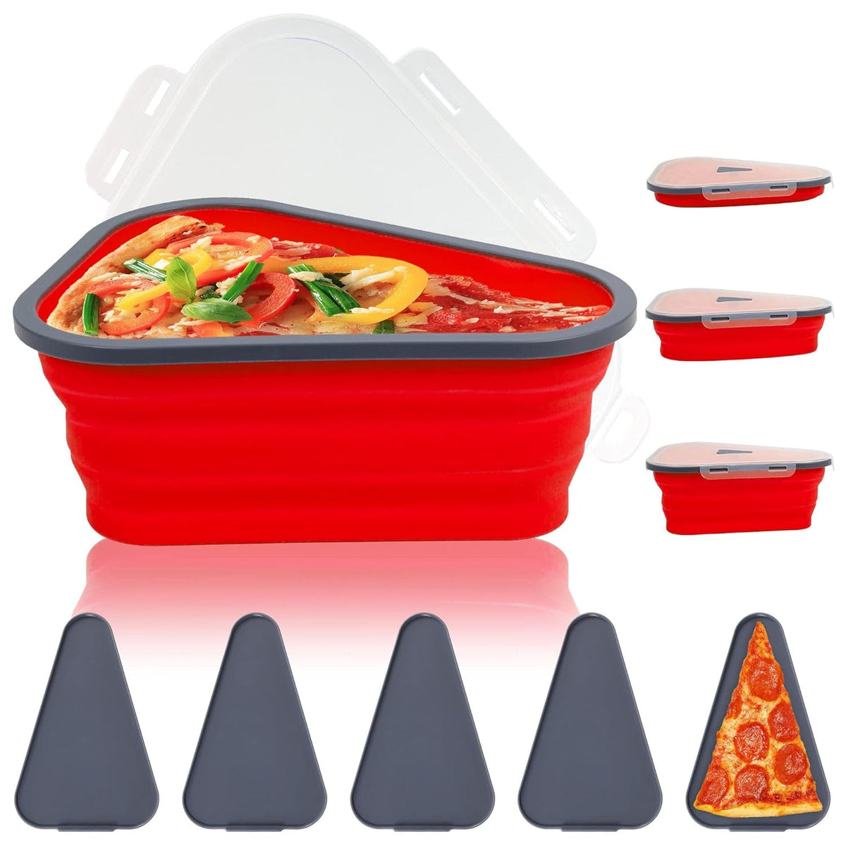 Expandable silicone pizza storage container with five individual pizza slices, ready for refrigeration. Main image