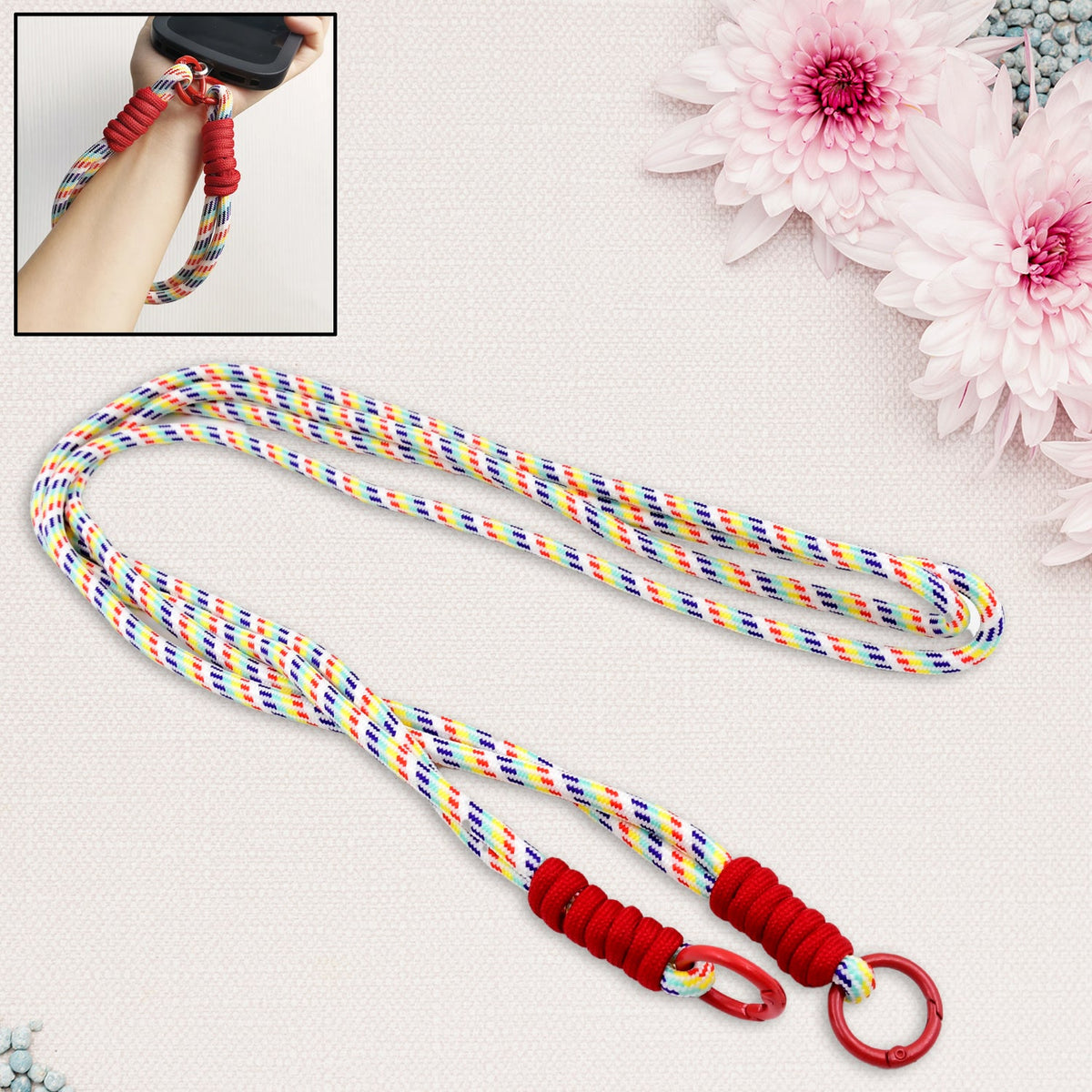 Multicolour Universal Phone Lanyard securely holding a smartphone for hands-free convenience. Main image
