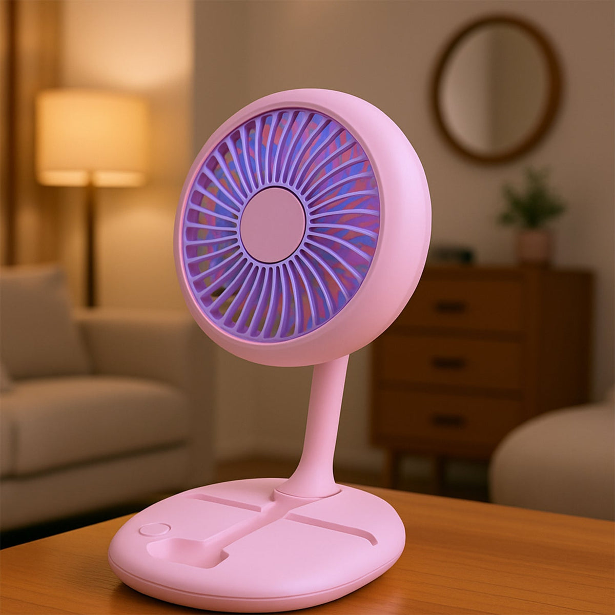 A sleek, USB rechargeable portable fan with integrated LED light, shown in a home setting. Main image