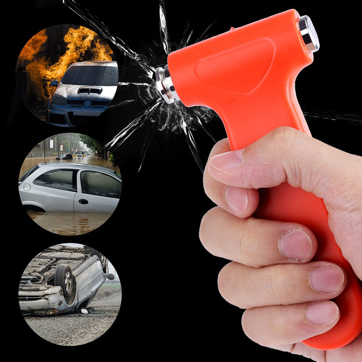 Car safety hammer with window breaker and seatbelt cutter shown in hand. Main image