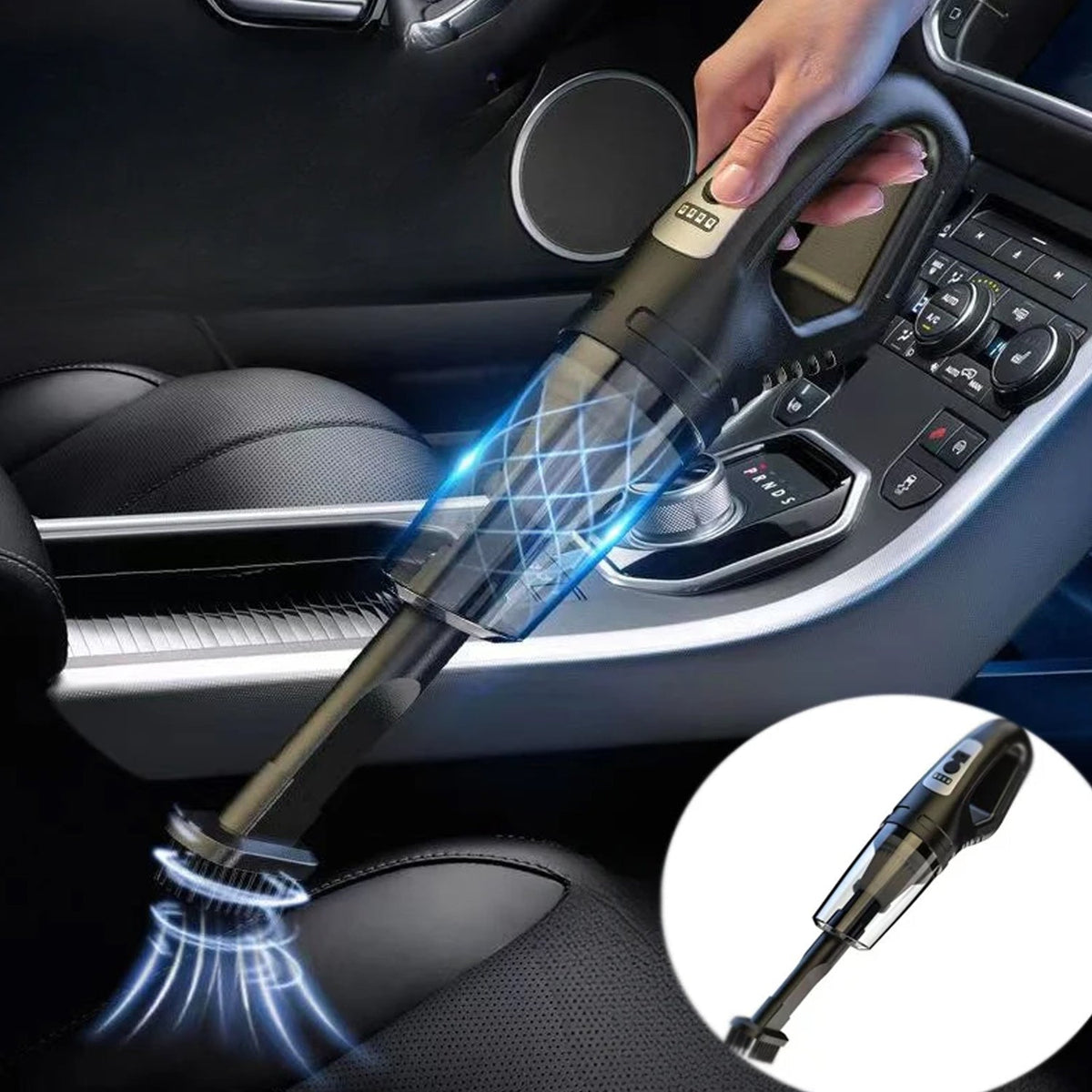 Wireless car vacuum cleaner with charging cable and nozzles on a clean surface. Main image