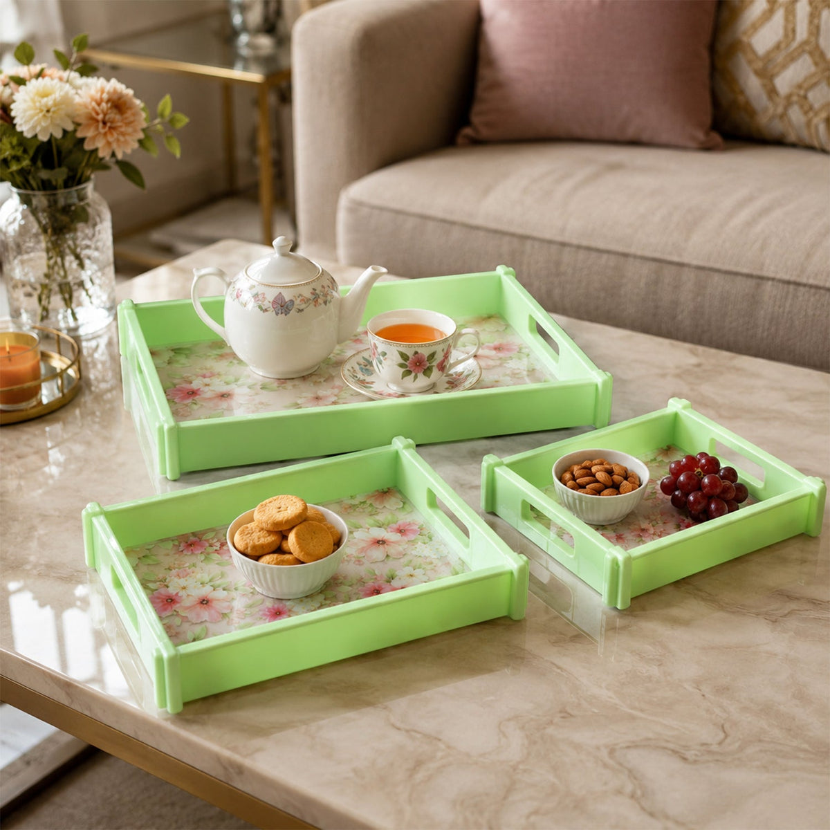 Supermom Floral Printed Multipurpose Serving Tray Set with Side Handles Main image