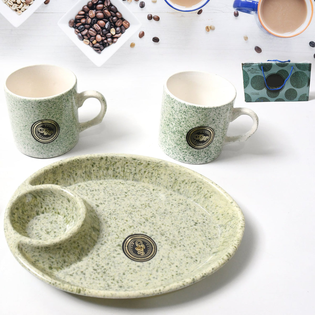 Alpino ceramic tea and coffee cup set with a two-compartment BPA-free serving platter. Main image