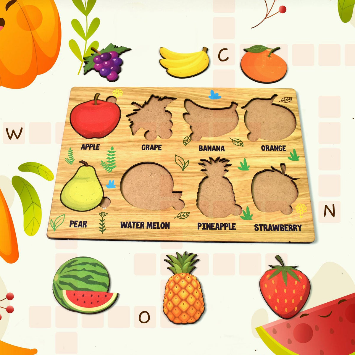 Wooden Fruit Puzzle board with colourful fruit shapes displayed on a white background. Main image