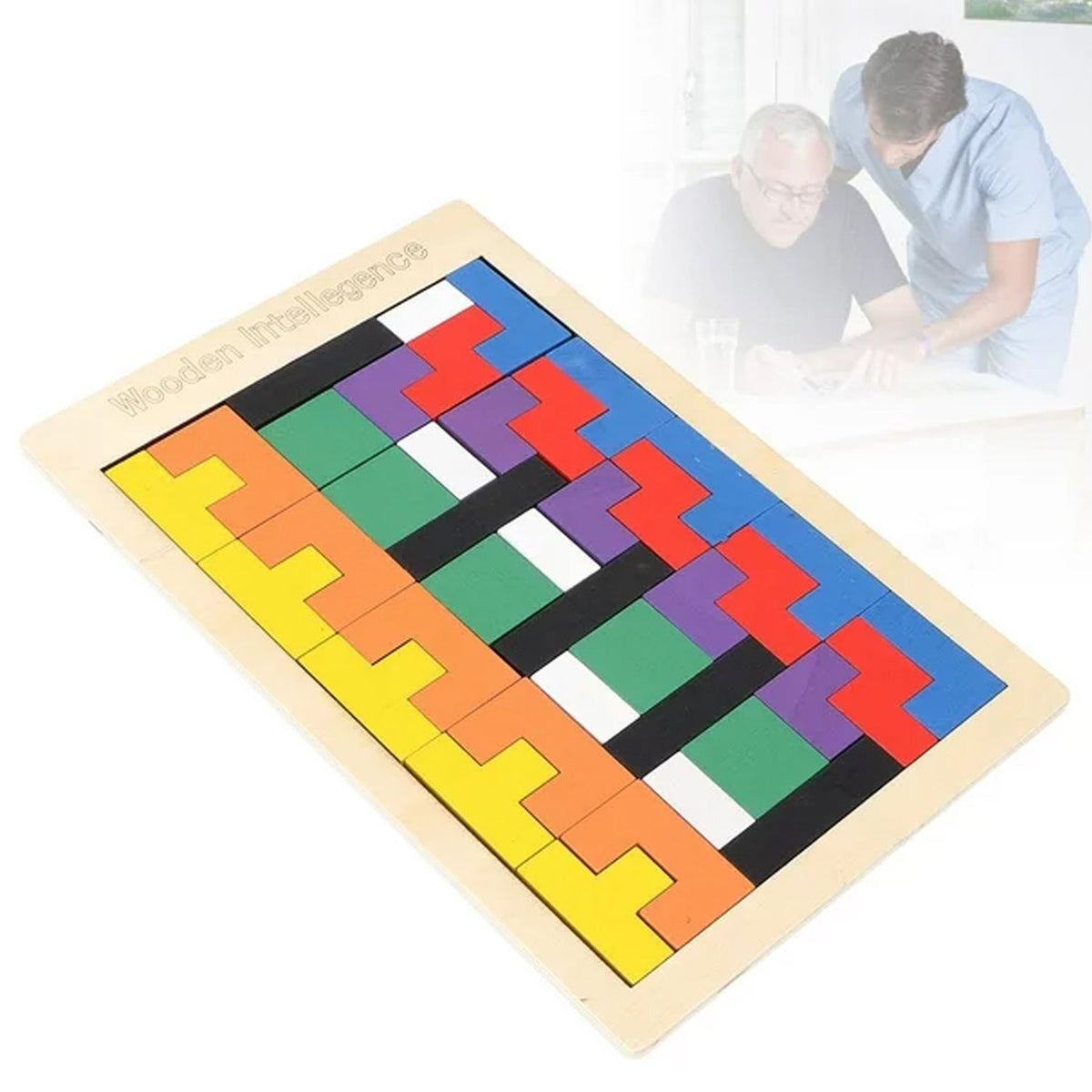 Child focused on assembling an educational wooden blocks puzzle on a table. Main image
