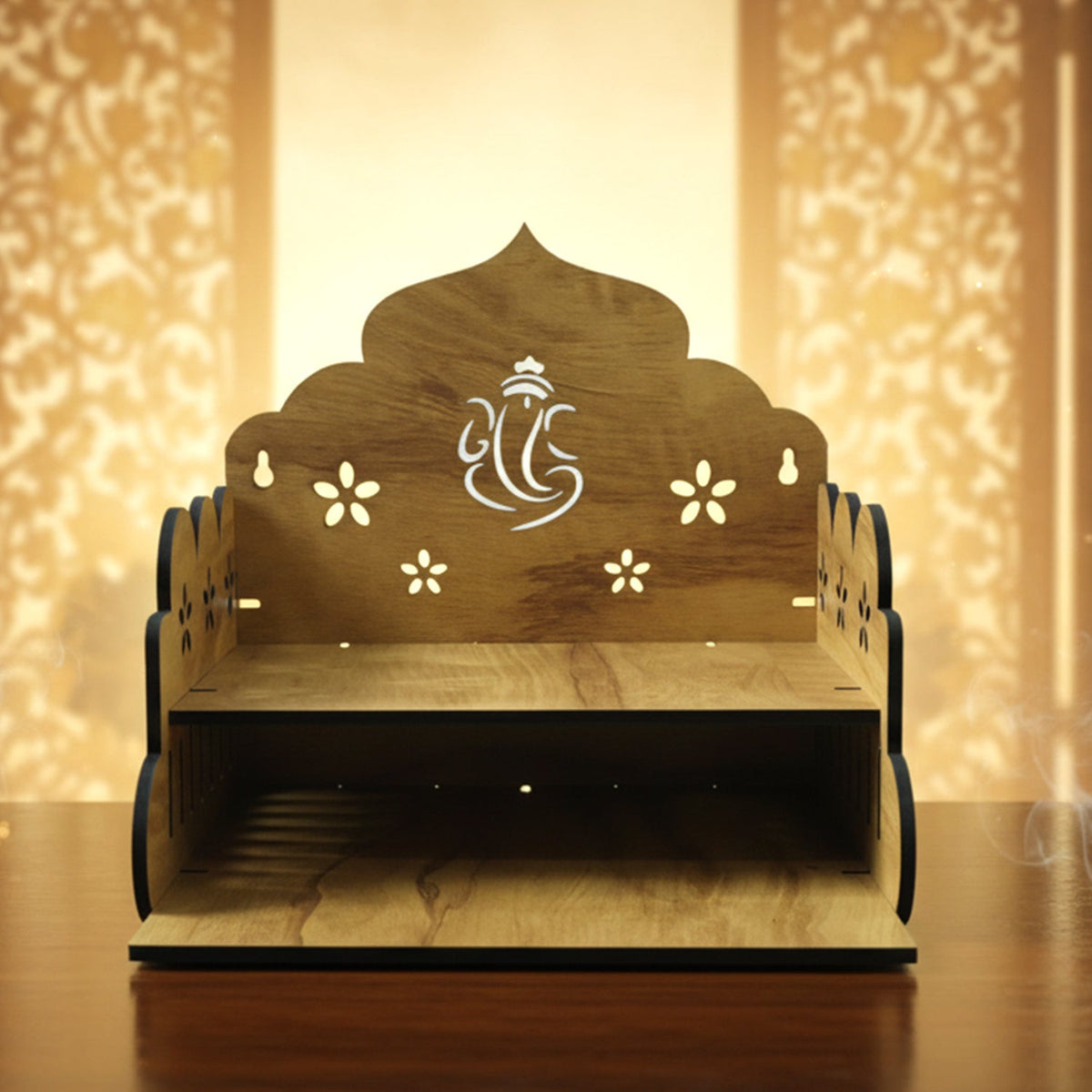 Compact wooden home mandir with Lord Ganesha back panel for pooja Main image