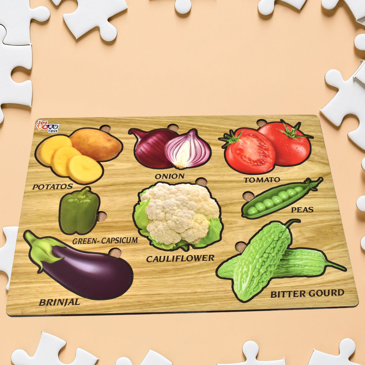Wooden vegetable puzzle board with colorful carrot, mushroom, and broccoli pieces. Main image