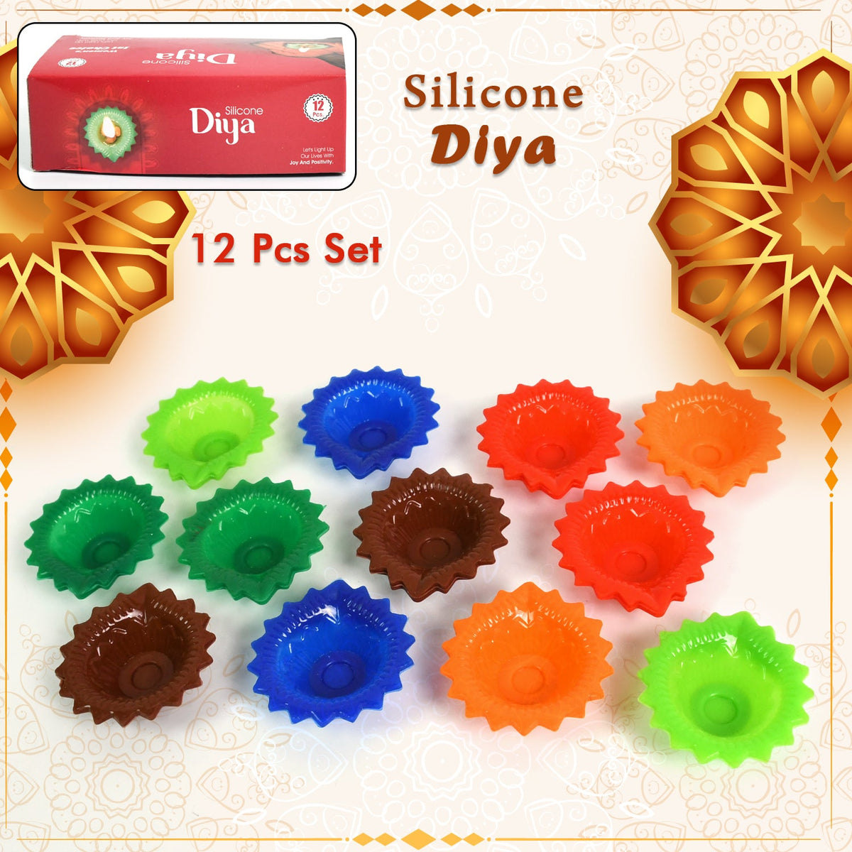 Colourful Silicone Diwali Diya set (12 Pcs) arranged for festive home decoration. Main image
