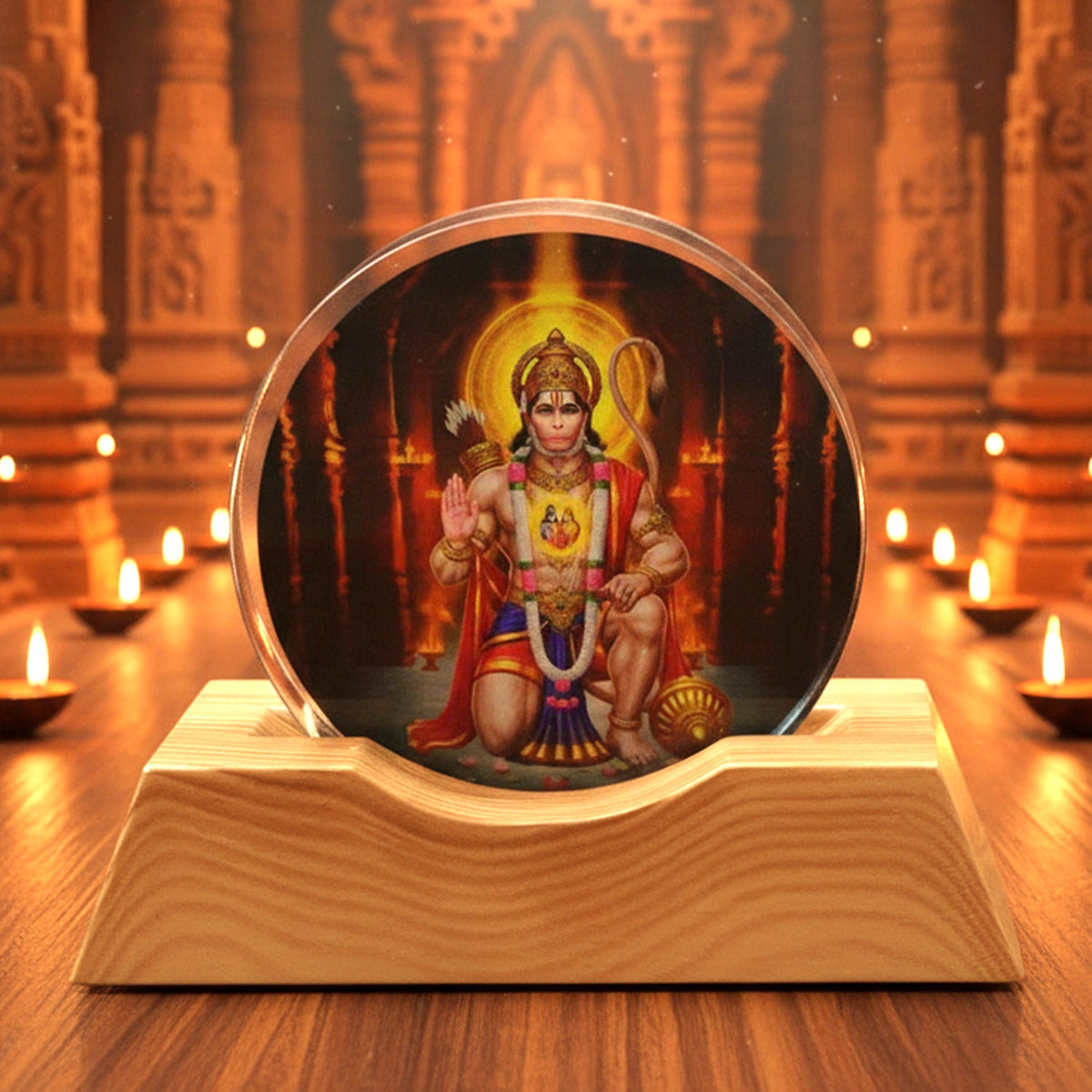 3D Hanuman Ji Acrylic LED Night Lamp with wooden base showcasing spiritual illumination Main image