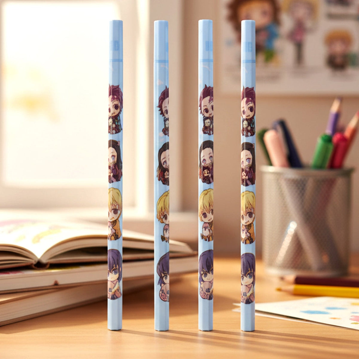 Set of 4 cartoon printed wooden pencils for kids in bright colors Main image