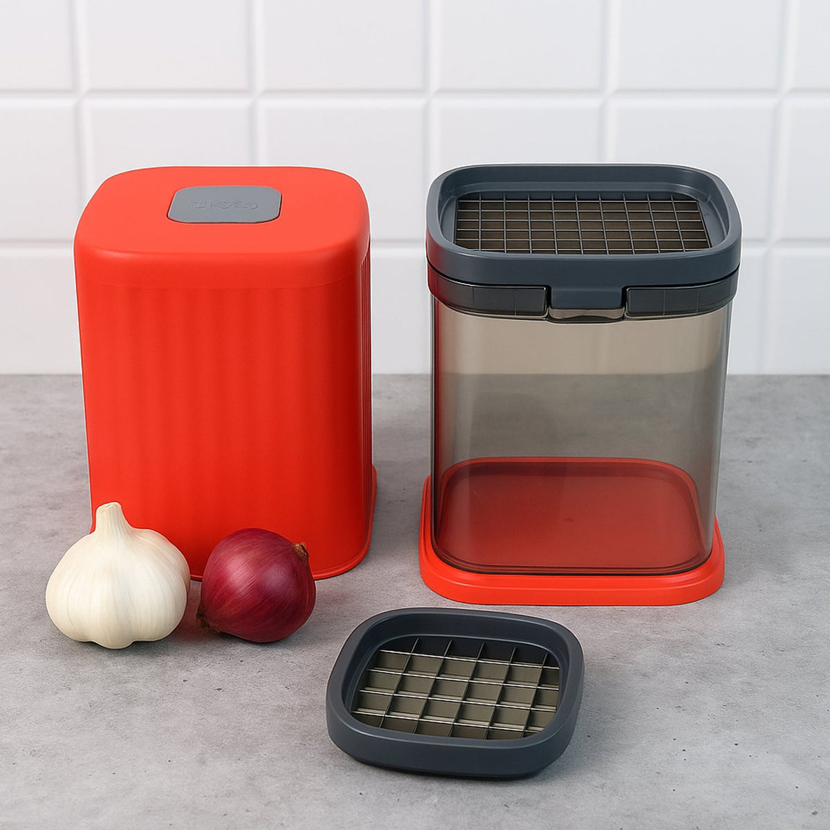 Multipurpose onion chopper with sharp stainless steel blades and storage container Main image