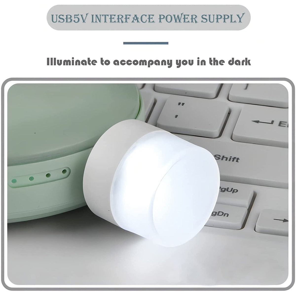 Close-up of a compact USB bulb emitting bright white light for room illumination. Main image