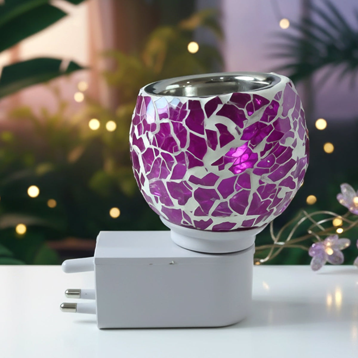 Purple mosaic glass aroma diffuser lamp glowing softly in a cozy room Main image