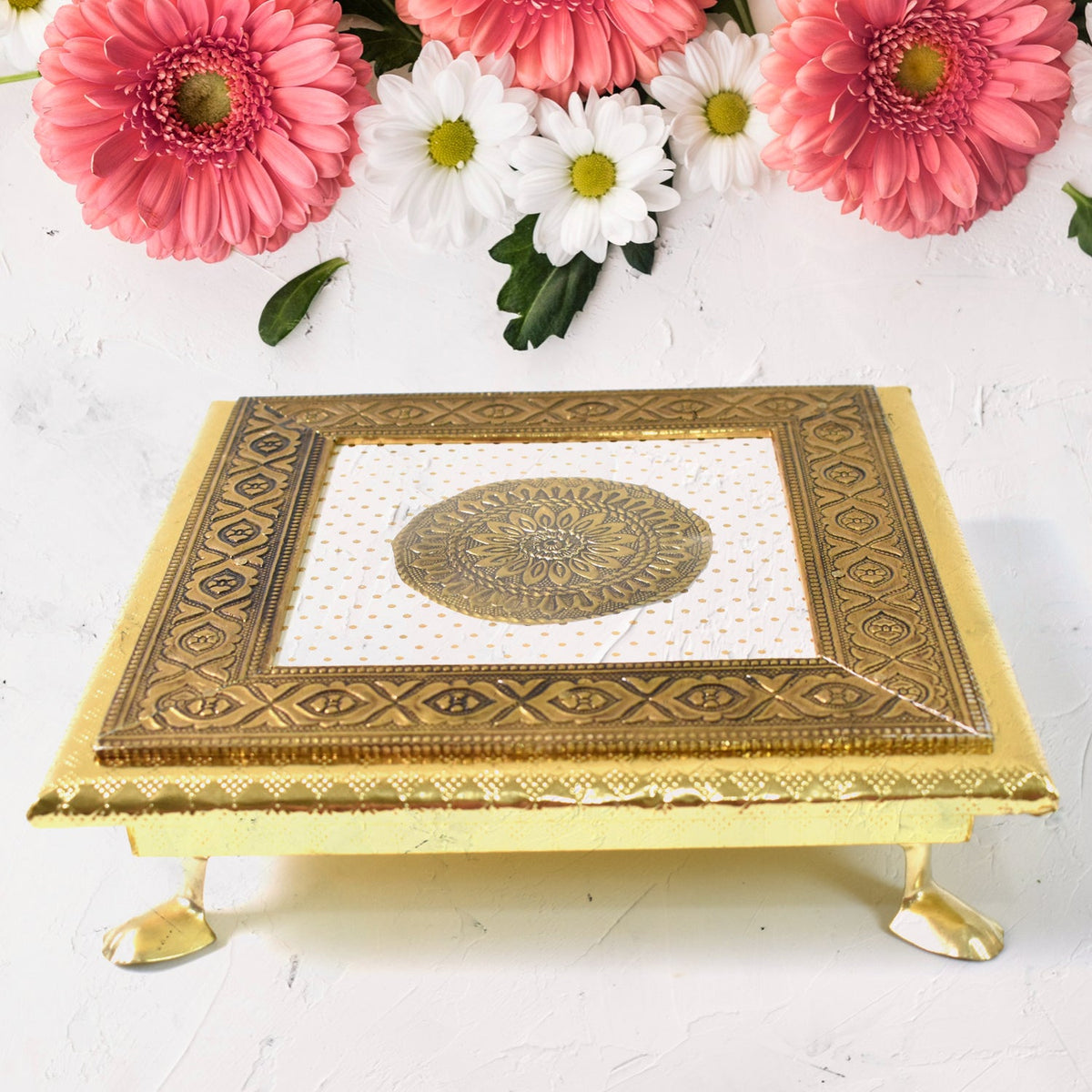Golden Square Pooja Chowki, front view, perfect for temple rituals. Main image