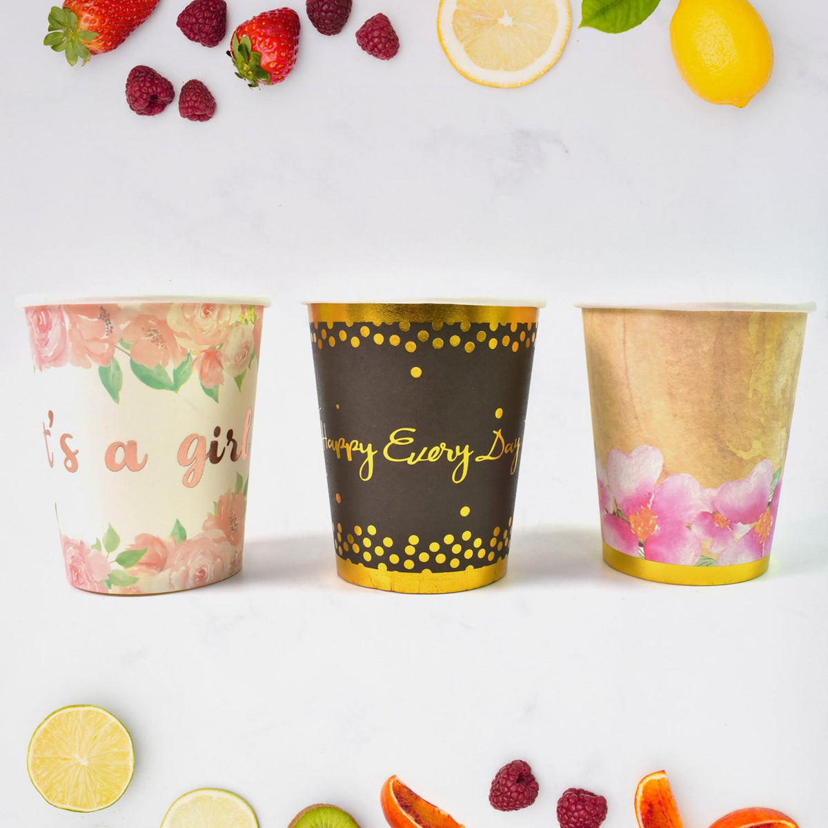 Colourful disposable paper cups in a set, ready for use. Main image