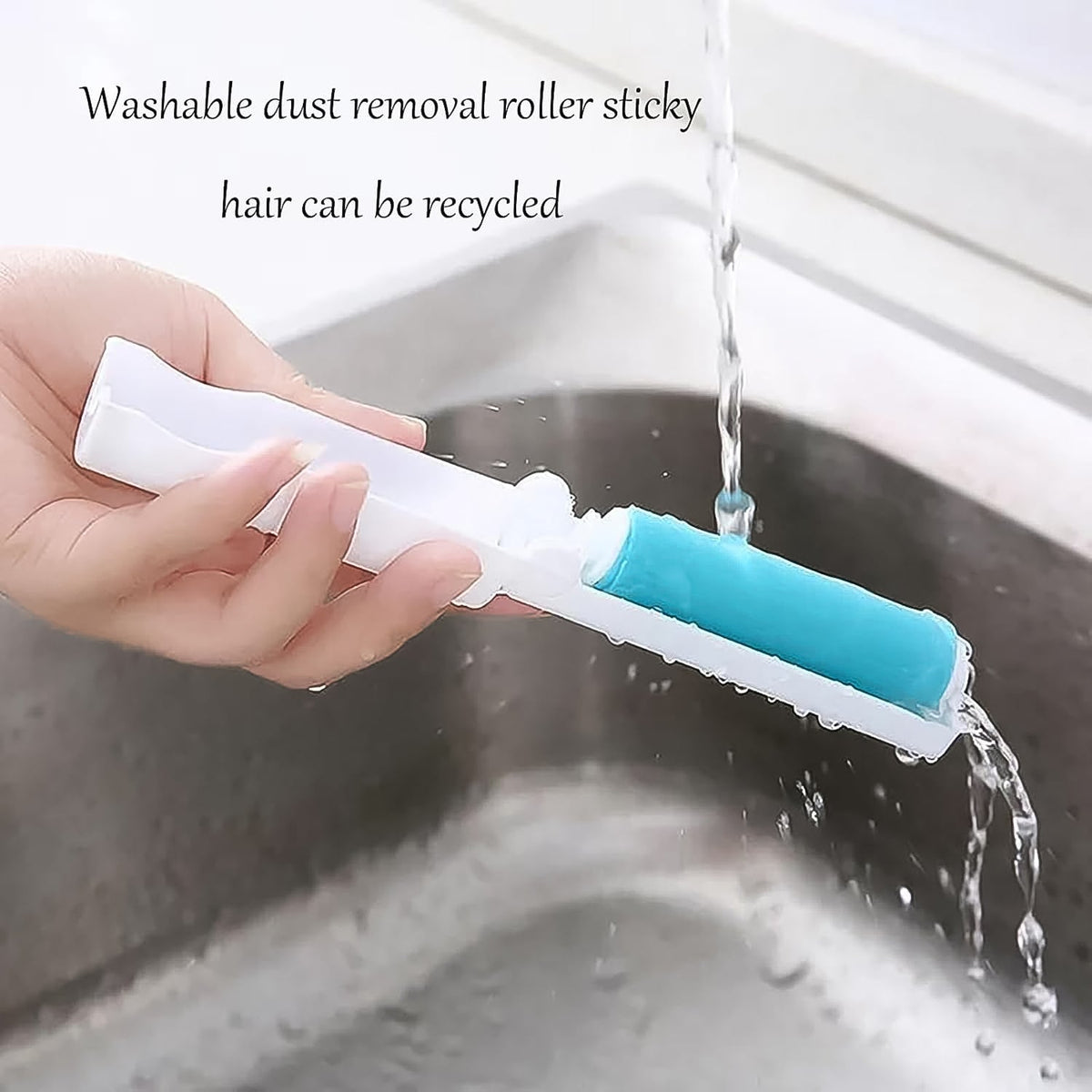A hand demonstrates the reusable lint roller effectively cleaning fabric. Main image