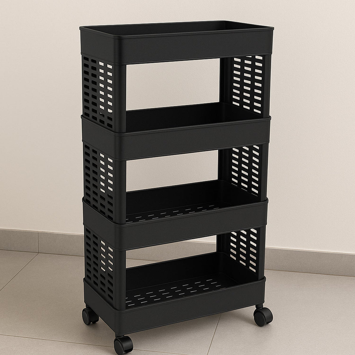 A 4-layer plastic storage rack, ideal for kitchen or bathroom, shown with wheels for easy movement. Main image