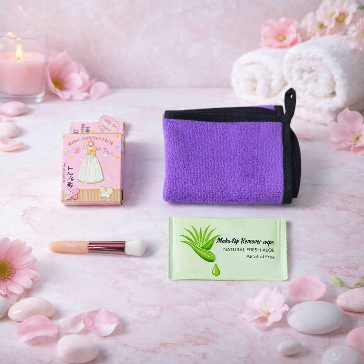 Complete 4 in 1 Beauty Care Gift Set with makeup remover, cleansing cloth, brush, and pouch. Main image