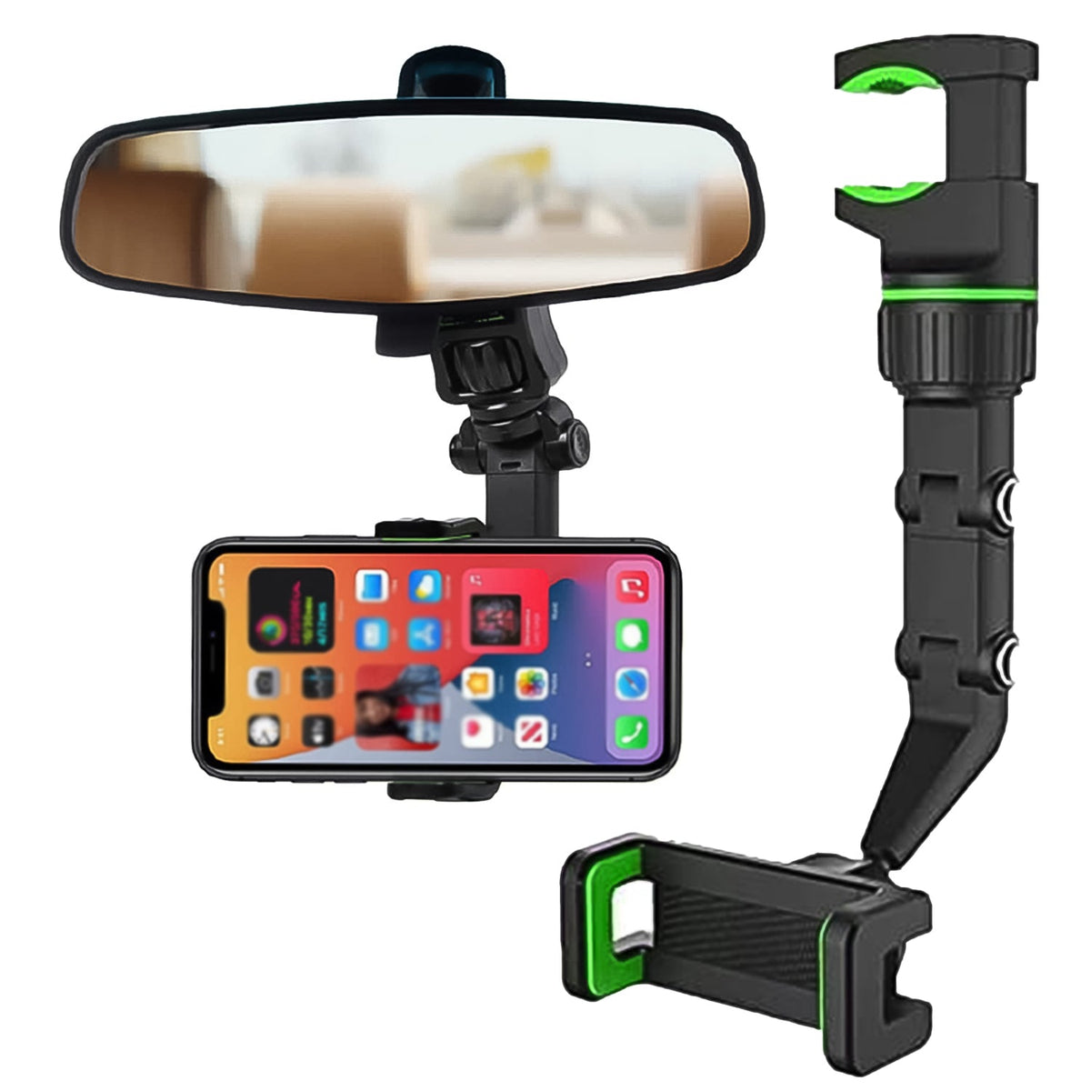 Multifunctional car rear view mobile holder with phone mounted, showcasing easy visibility. Main image