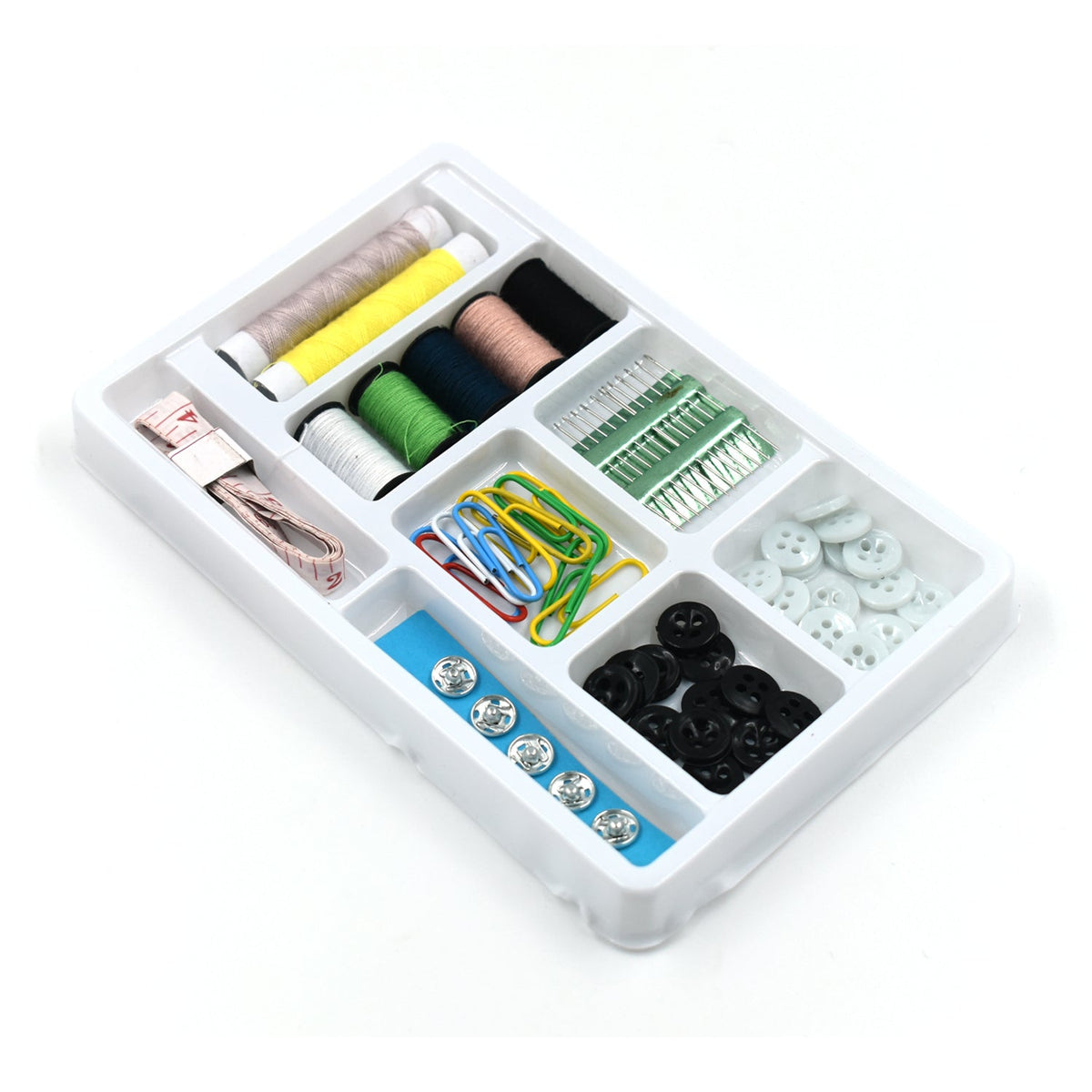 62-piece sewing kit with thread spools and essential tools displayed. Main image