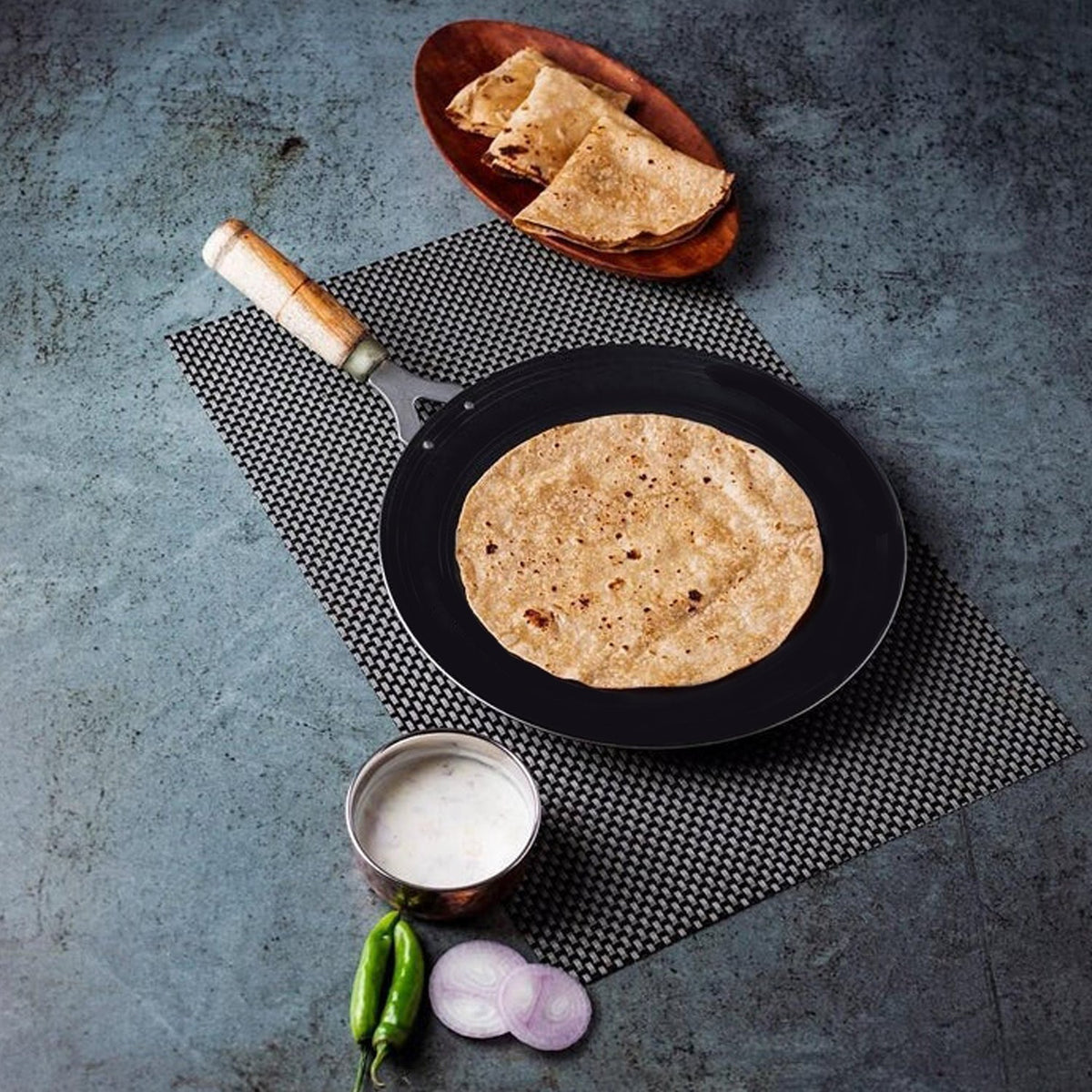 Nonstick wooden handle roti tawa, ideal for everyday cooking of rotis. Main image