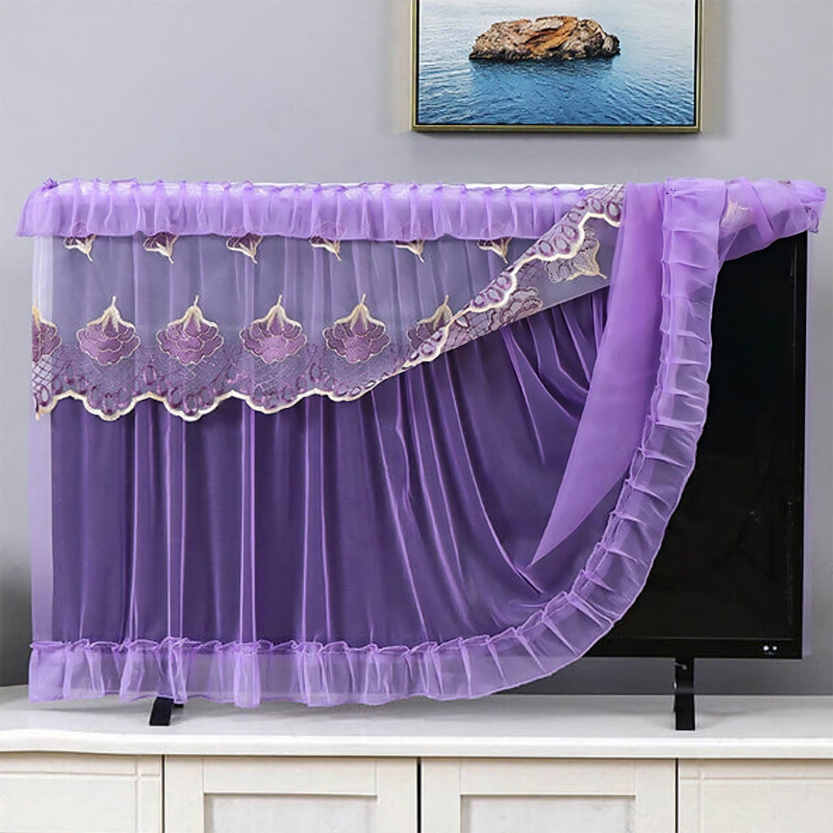 Breathable net fabric dustproof TV cover fitted on a 32-inch television screen. Main image