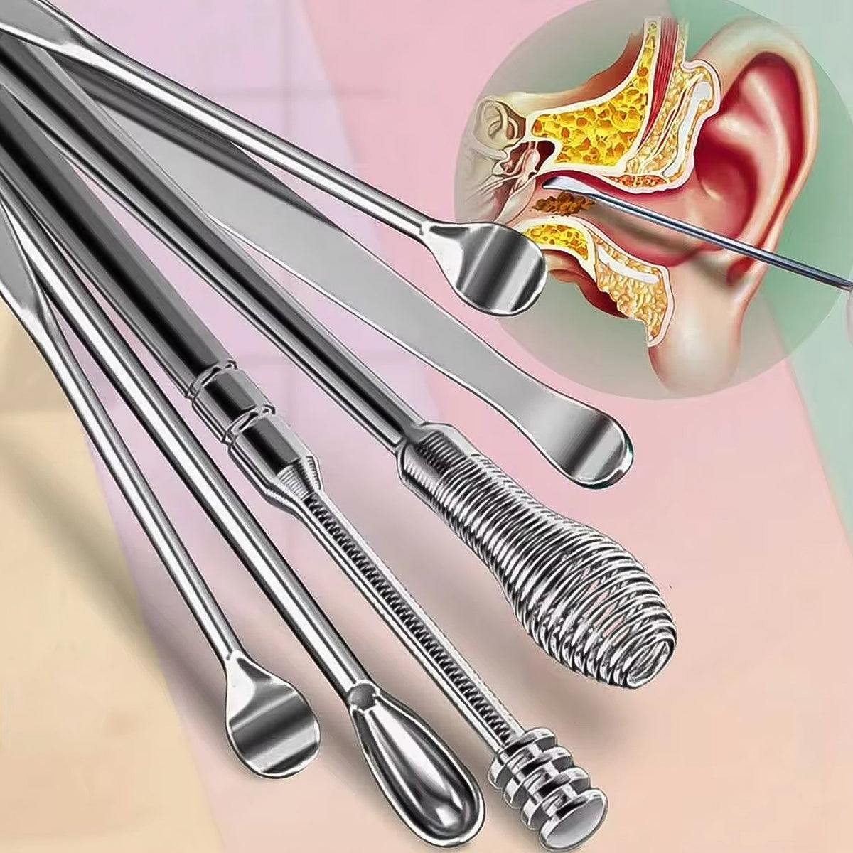 A complete 6-in-1 ear wax cleaner kit with various stainless steel tools and a leather storage pouch. Main image