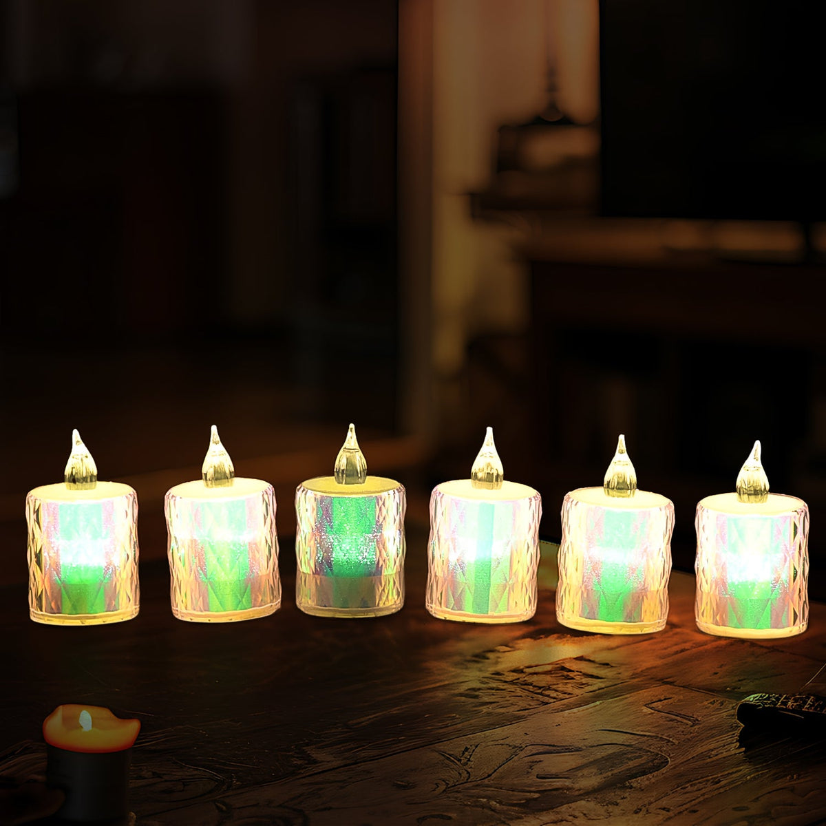 Close-up of a glowing flameless LED tea light candle in a festive setting. Main image