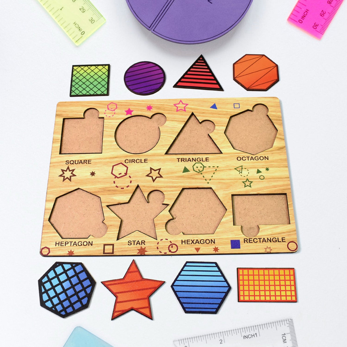 Wooden Triangle Puzzle board with colourful geometric pieces for kids' early learning. Main image