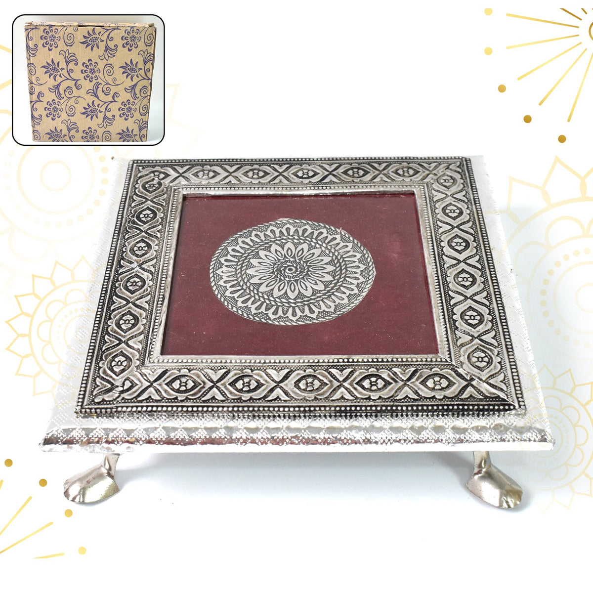 Silver Pooja Chowki with intricate Lakshmi design, perfect for Diwali celebrations. Main image