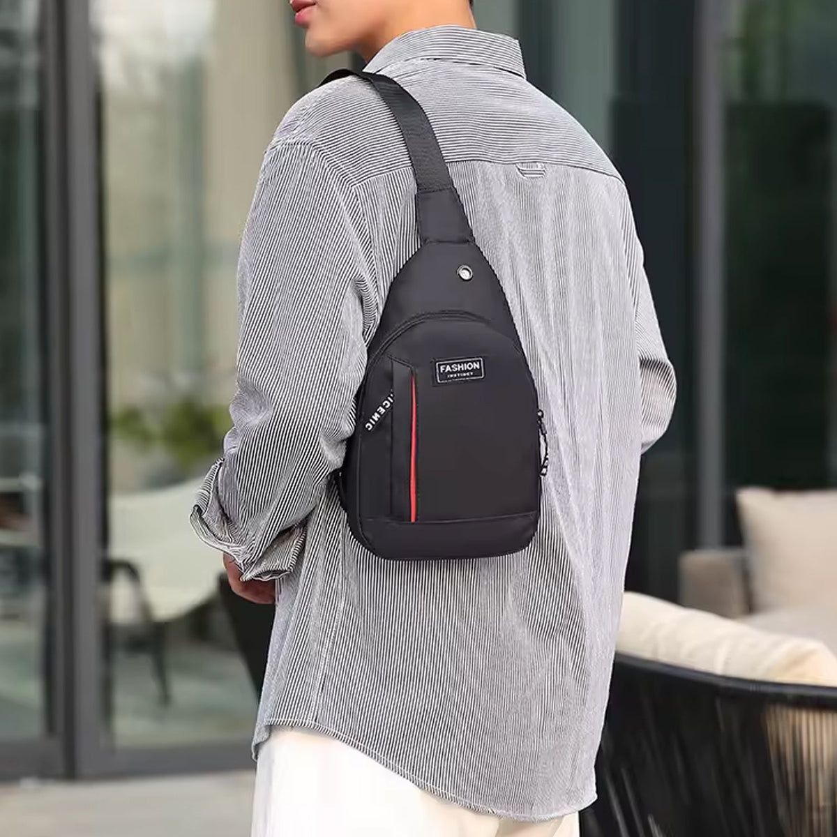 A person wears a black sling bag with red stripe and 'FASHION' label over a striped shirt, facing away. Main image