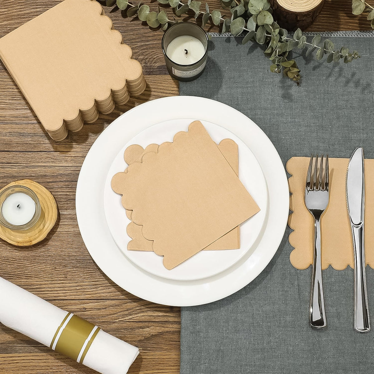 120-piece set of scalloped edge tissue napkins showing brown and white dual color design Main image