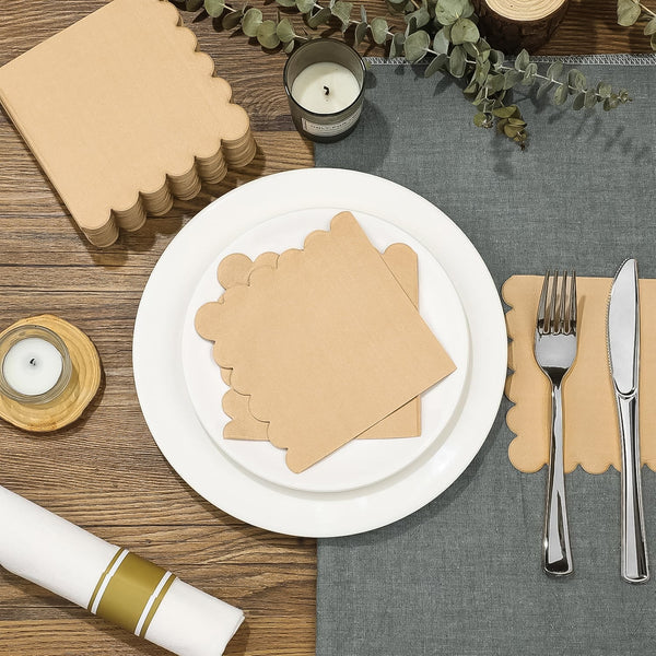 120-piece set of scalloped edge tissue napkins showing brown and white dual color design