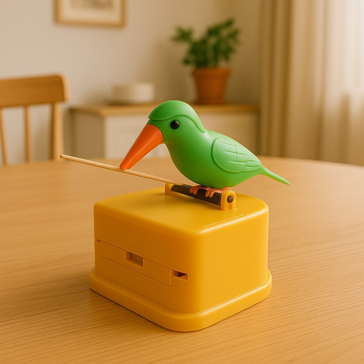 Portable automatic bird-shaped toothpick dispenser with green and yellow color Main image