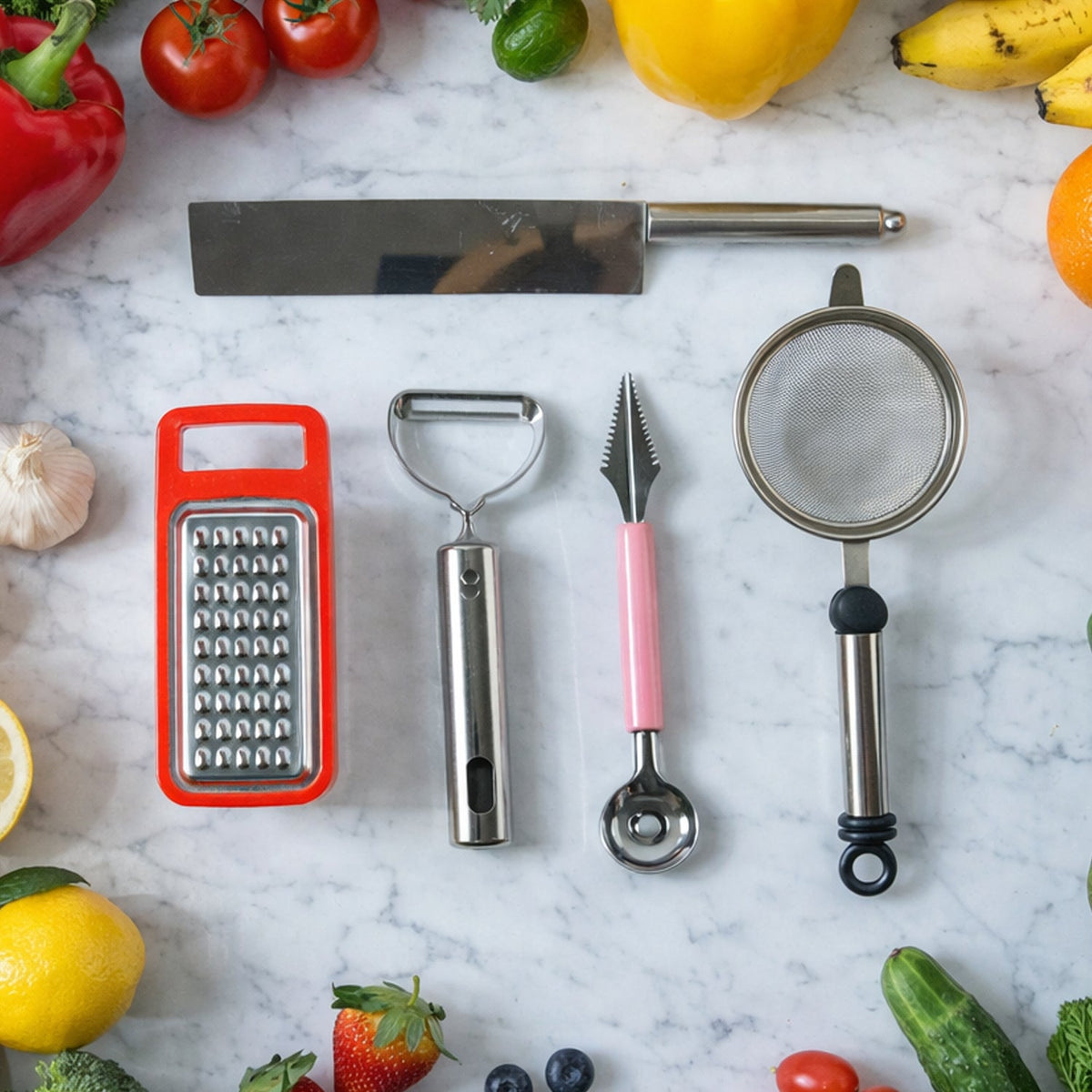 5-in-1 kitchen tool set with chopper, grater, peeler, fruit scoop, and fine mesh strainer Main image