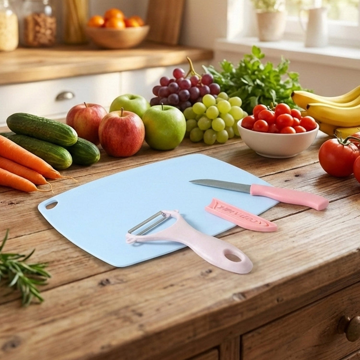 3-in-1 fruit and vegetable cutting board set with knife and peeler Main image