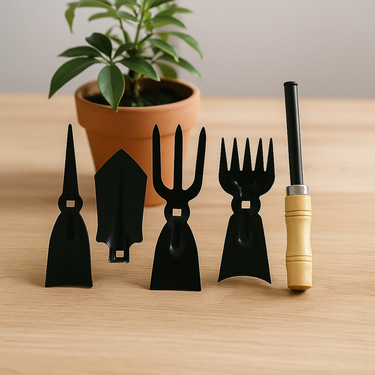5 in 1 gardening hand tool set with wooden handles laid out Main image